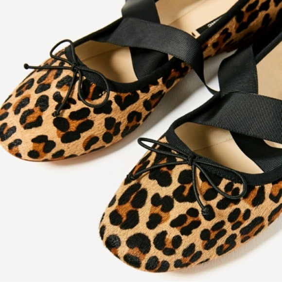 Zara Lace-up Leather Ballet flats leopard animal US 6 EU 36 NWT - Picture 3 of 5